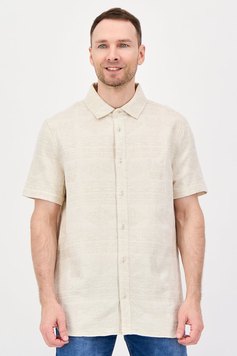 Karl Lagerfeld Men Regular Fit Textured Short Sleeve Casual Shirt, Cream - Image 1